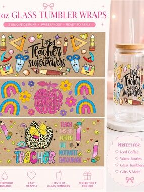 3 Teacher Tumbler Wraps only waterproof Sticker Set - Colorful School Icons gift